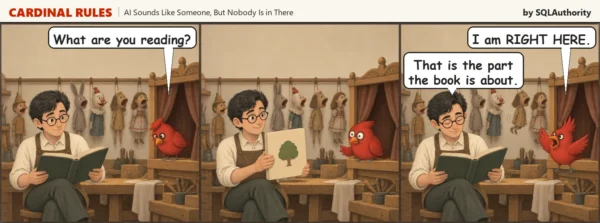 Cardinal Rules, a three panel cartoon by SQLAuthority. The red bird asks what Sam is reading. Sam holds up a book cover and the bird goes quiet. The bird protests that it is right here, and Sam says that is the part the book is about.