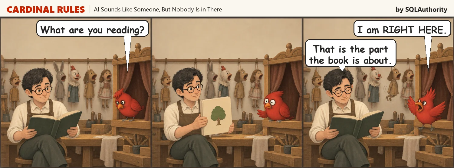 Three panel cartoon. The red bird asks what Sam is reading. Sam holds up a book cover and the bird goes quiet. The bird protests that it is right here, and Sam says that is the part the book is about.