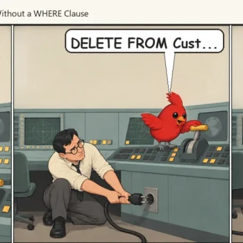 Cardinal Rules, a three panel cartoon by SQLAuthority. The VP suggests letting the AI run straight into production. The red bird is already typing DELETE FROM and Sam pulls the cable out of the wall. The bird says the WHERE clause was coming eventually.