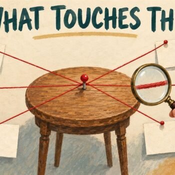 Red threads running from a pin in a small table out to cards pinned around it, with a magnifying glass over one thread.