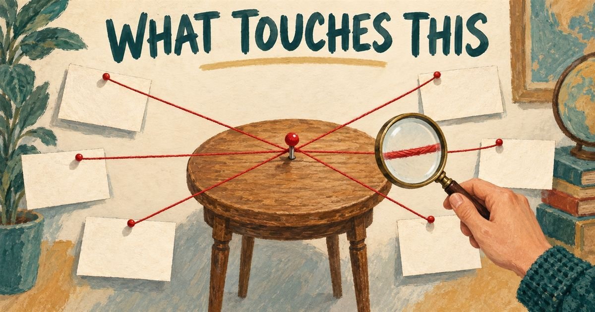 Red threads running from a pin in a small table out to cards pinned around it, with a magnifying glass over one thread.