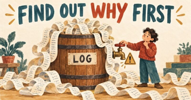 A barrel marked LOG overflowing with paper, and a person hesitating at the tap.