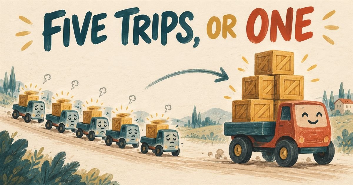 Five small carts each carrying one crate, beside one cart carrying all five together.