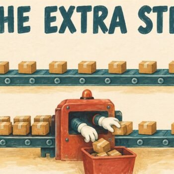 Two conveyor belts of parcels, one running straight through and one stopping at a machine that discards duplicates.
