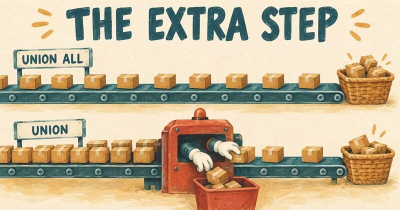 Two conveyor belts of parcels, one running straight through and one stopping at a machine that discards duplicates.