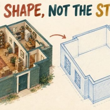 A furnished room beside the same room drawn as an empty blueprint, showing shape without contents.