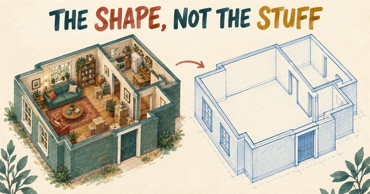 A furnished room beside the same room drawn as an empty blueprint, showing shape without contents.