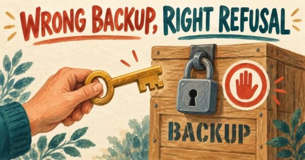 A key that does not fit the padlock on a wooden crate marked BACKUP.