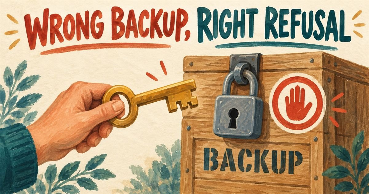 A key that does not fit the padlock on a wooden crate marked BACKUP.