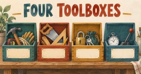 Four open wooden toolboxes side by side, each holding a different kind of tool.