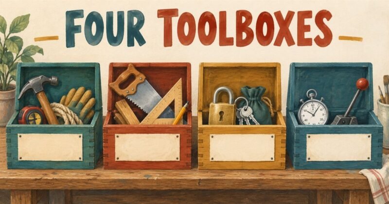 Four open wooden toolboxes side by side, each holding a different kind of tool.