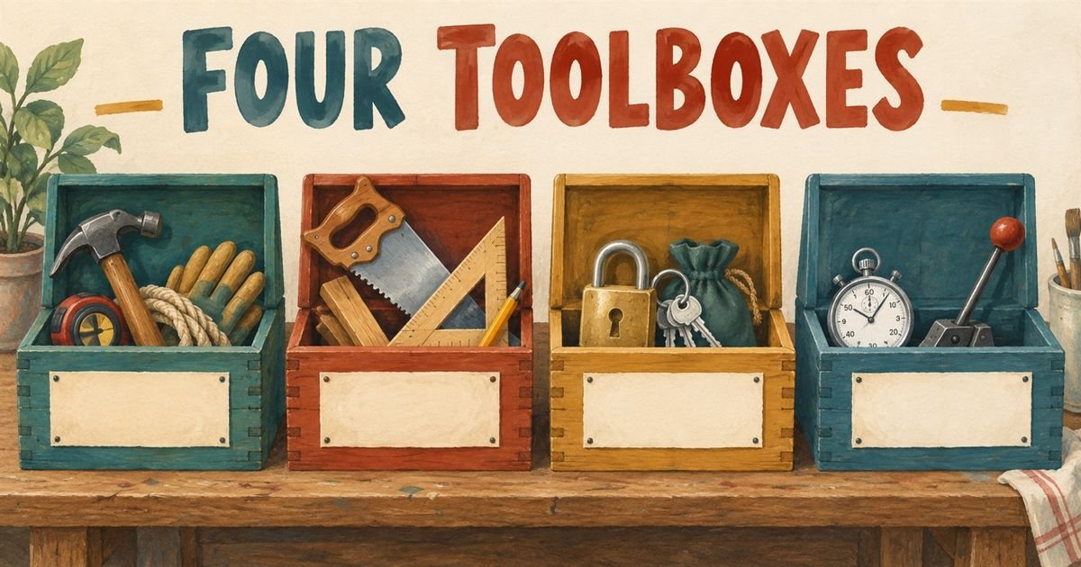 Four open wooden toolboxes side by side, each holding a different kind of tool.