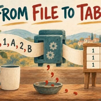 A paper ribbon of comma separated values feeding into a machine and coming out as a tidy table.