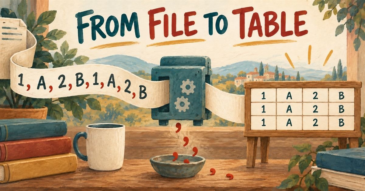 A paper ribbon of comma separated values feeding into a machine and coming out as a tidy table.