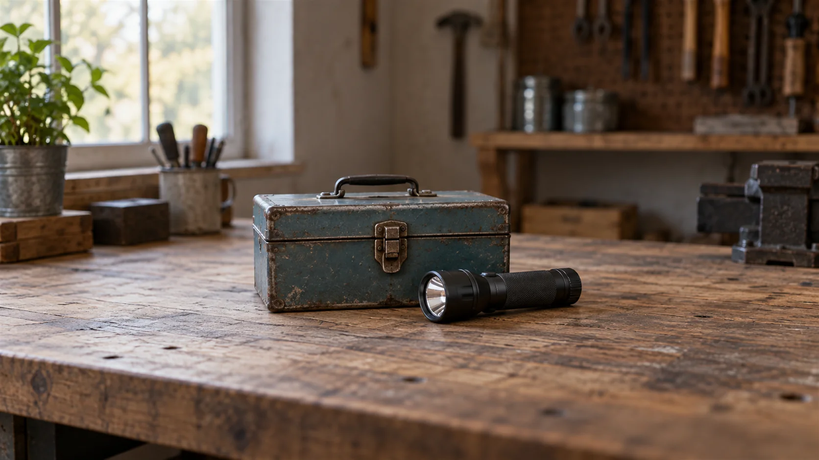 A small closed toolbox sits beside a plain flashlight on a quiet workshop bench.