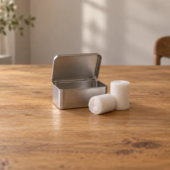 A compact first-aid tin stands open with neatly arranged plain bandage rolls on a shelf.