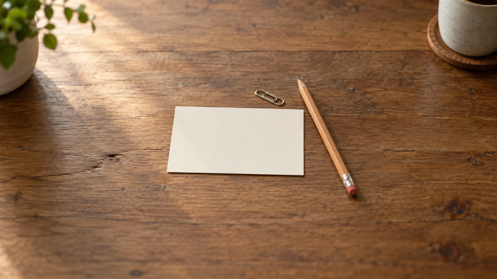 One blank cream reference card beside a plain pencil and small paper clip on a wooden desk.