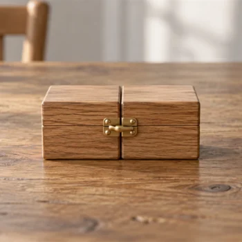 Two small wooden blocks are joined by one simple brass latch on an oak table.