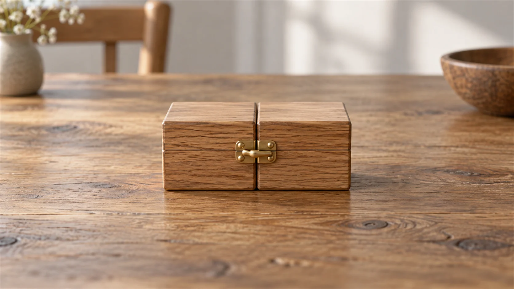 Two small wooden blocks are joined by one simple brass latch on an oak table.