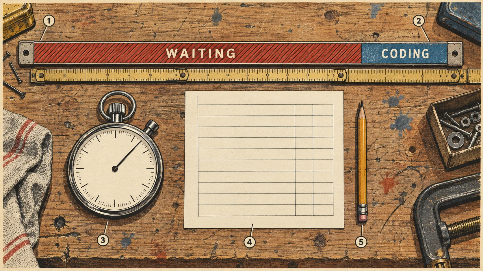 Overhead illustration of a workbench with a stopwatch, a ruled ten row sheet and a measuring bar that is four fifths WAITING and one fifth CODING.
