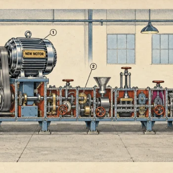 Cutaway illustration of a factory line from IN to OUT, a dozen small hand cranked stations, and one station carrying an enormous chrome motor lettered NEW MOTOR.