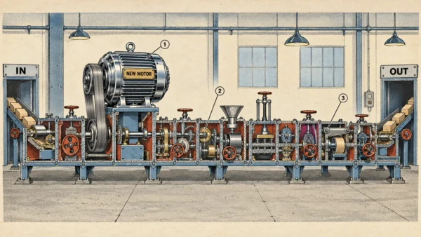 Cutaway illustration of a factory line from IN to OUT, a dozen small hand cranked stations, and one station carrying an enormous chrome motor lettered NEW MOTOR.