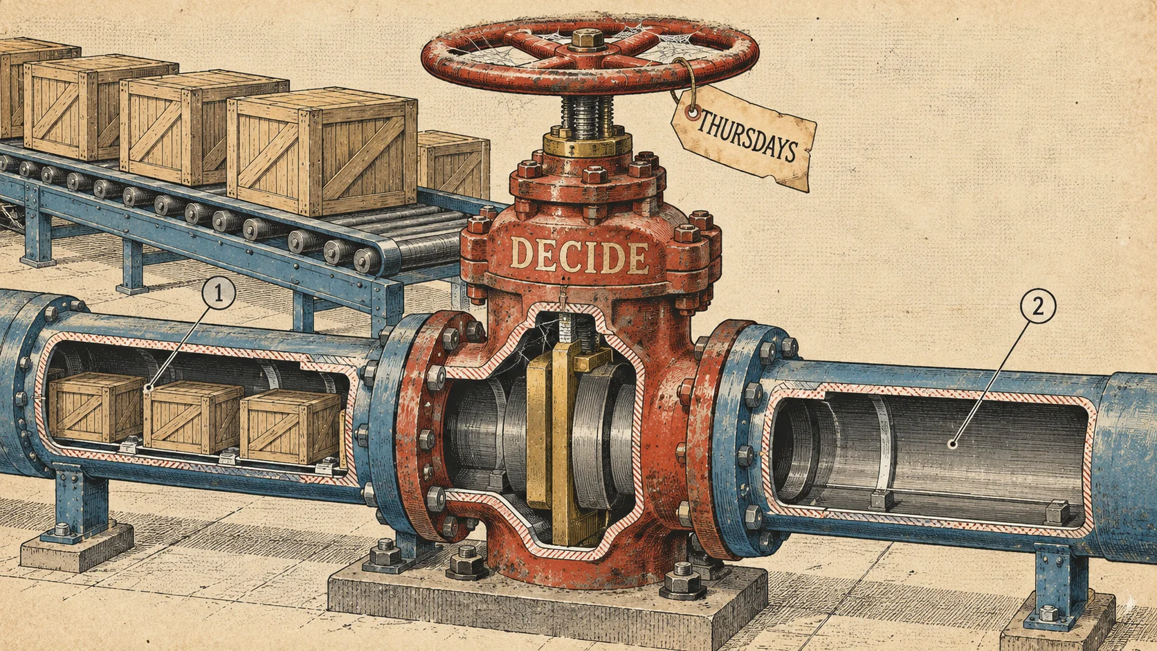 Cutaway illustration of a second shut valve lettered DECIDE with a paper tag reading THURSDAYS on its dusty handwheel, and crated goods waiting behind it.