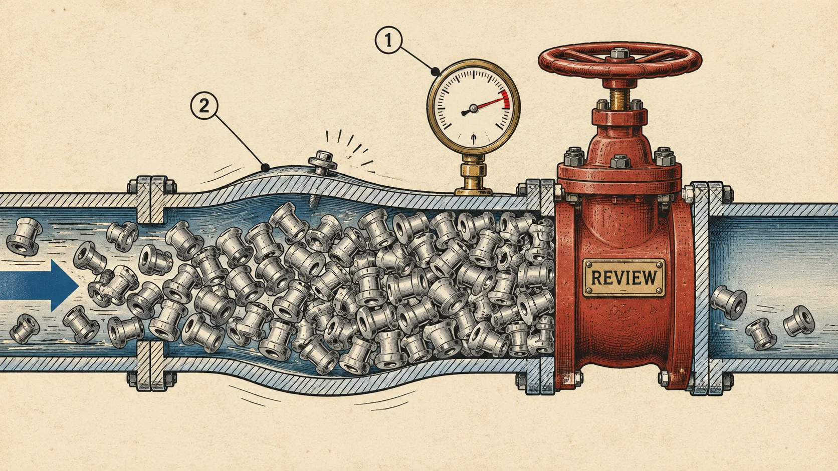 Cutaway illustration of a pipe packed solid with machined parts jammed against a closed valve lettered REVIEW, the pipe bulging upstream and nearly empty beyond it.