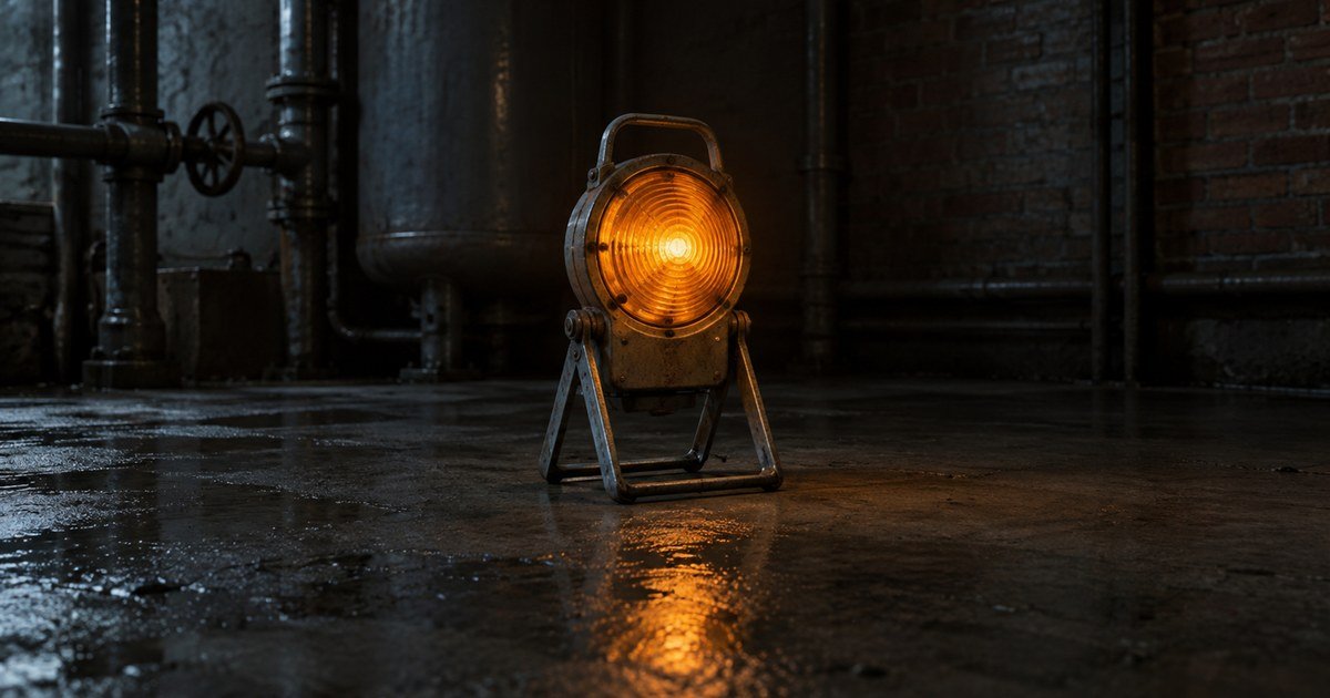 An amber warning lamp standing alone on wet concrete in a dark plant room