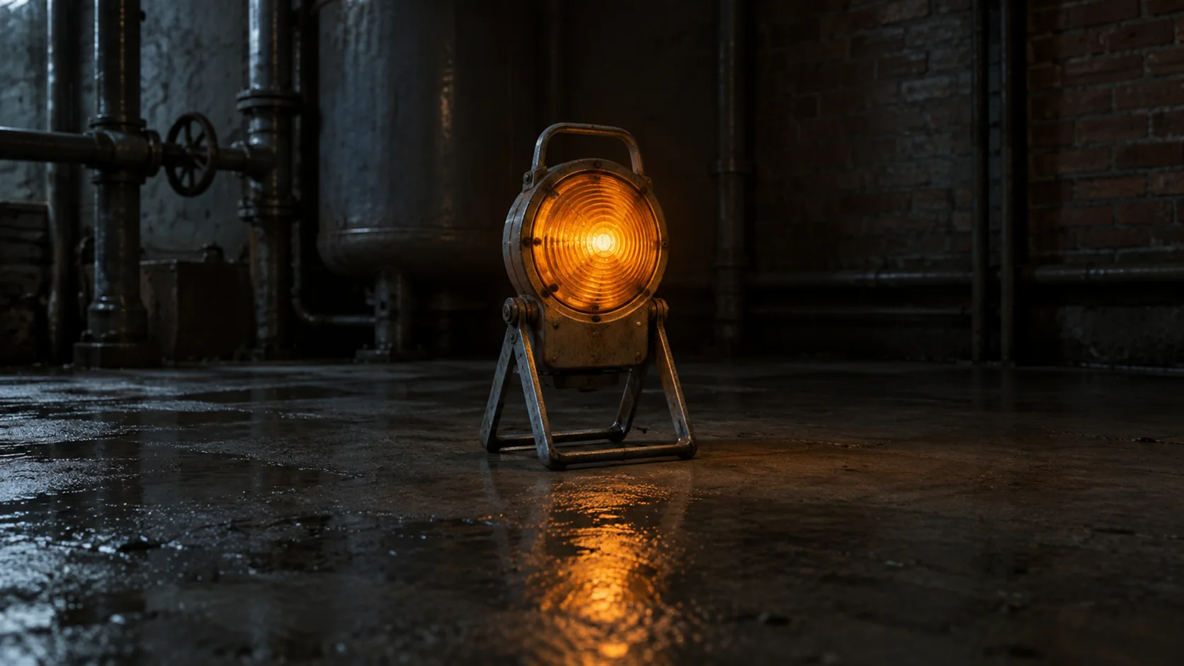 An amber warning lamp standing alone on wet concrete in a dark plant room