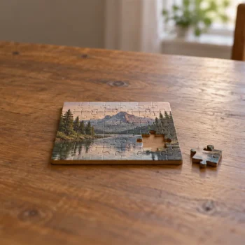 A landscape jigsaw puzzle has one loose matching piece beside its open space.
