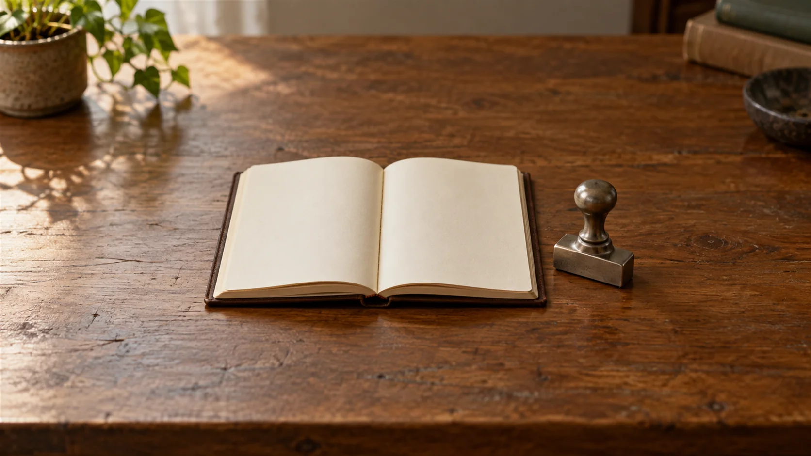A plain open ledger with blank pages beside a small metal stamp on a warm wooden desk.
