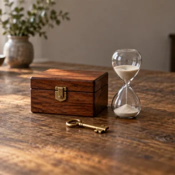 A small closed wooden storage box beside a brass key and a plain hourglass on a table.