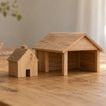 A small wooden house beside a larger shared wooden shelter on a warm neutral tabletop.