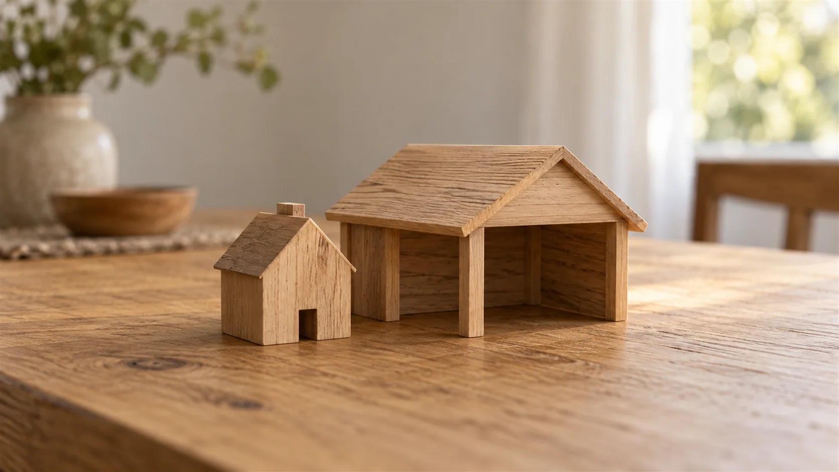 A small wooden house beside a larger shared wooden shelter on a warm neutral tabletop.