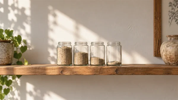 A row of plain glass jars holds different levels of sand on a sunlit shelf.