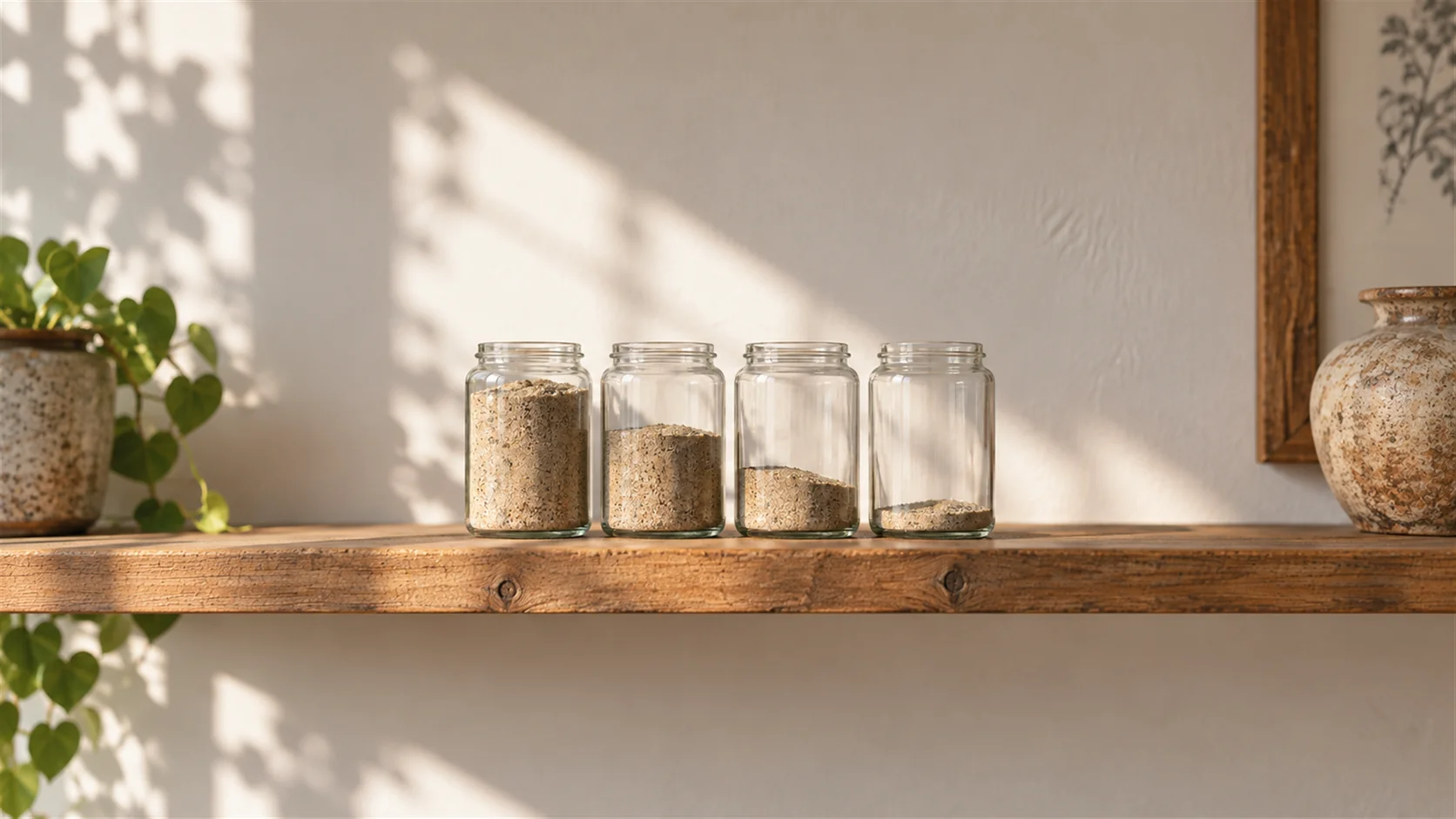 A row of plain glass jars holds different levels of sand on a sunlit shelf.