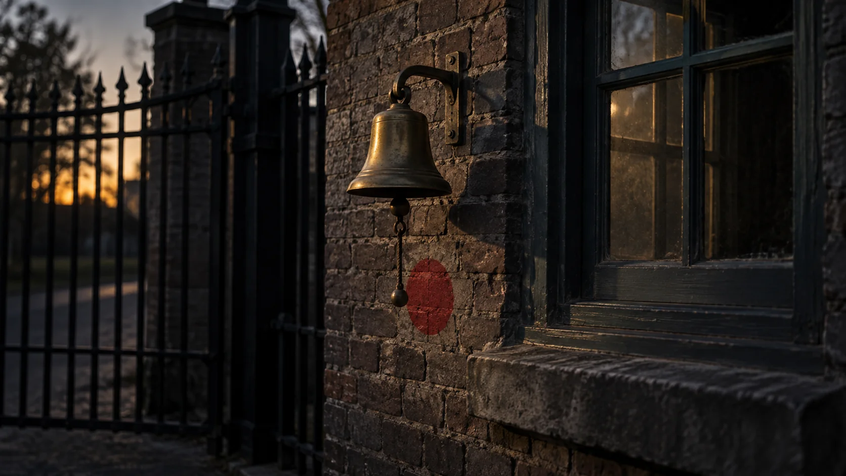 A brass bell beside a shut gatehouse window with a red mark painted below