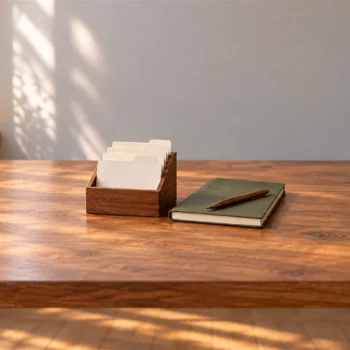 A small wooden card organizer holding plain blank dividers beside a closed notebook on a desk.