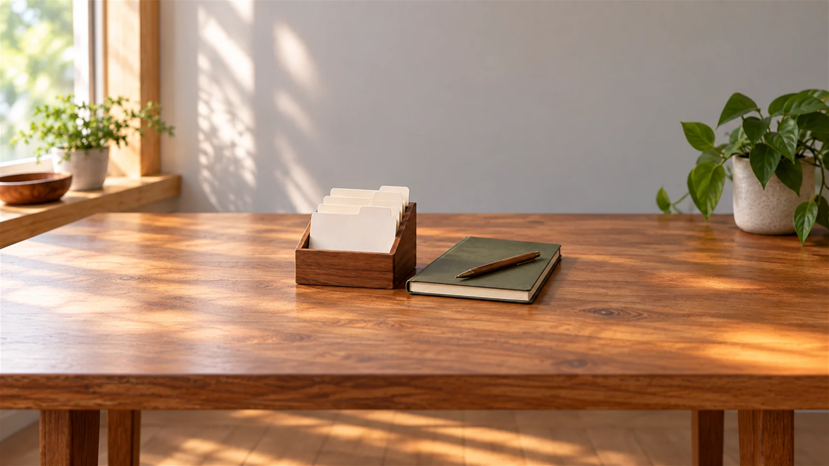 A small wooden card organizer holding plain blank dividers beside a closed notebook on a desk.