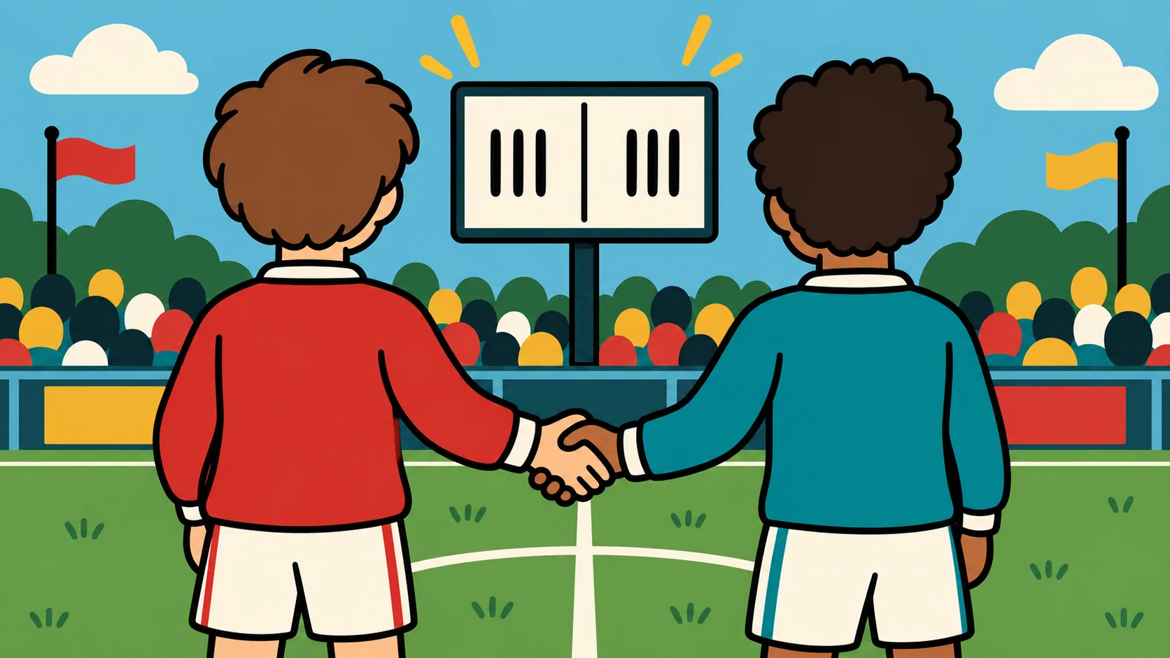 Children's magazine style panel of two figures shaking hands over a scoreboard that reads the same on both sides, no faces shown.