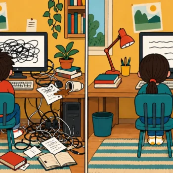 Two side by side cartoon panels in a children's magazine style, one child at a keyboard with a mess of tangled cables, the other at a tidy desk, no faces shown.