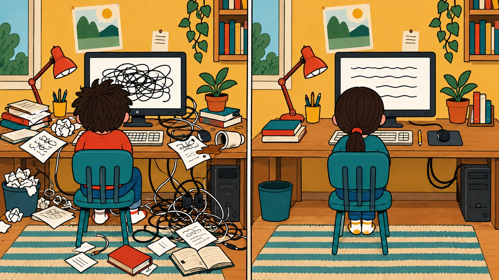 Two side by side cartoon panels about T-SQL mistakes in a children's magazine style, one child at a keyboard with a mess of tangled cables, the other at a tidy desk, no faces shown.