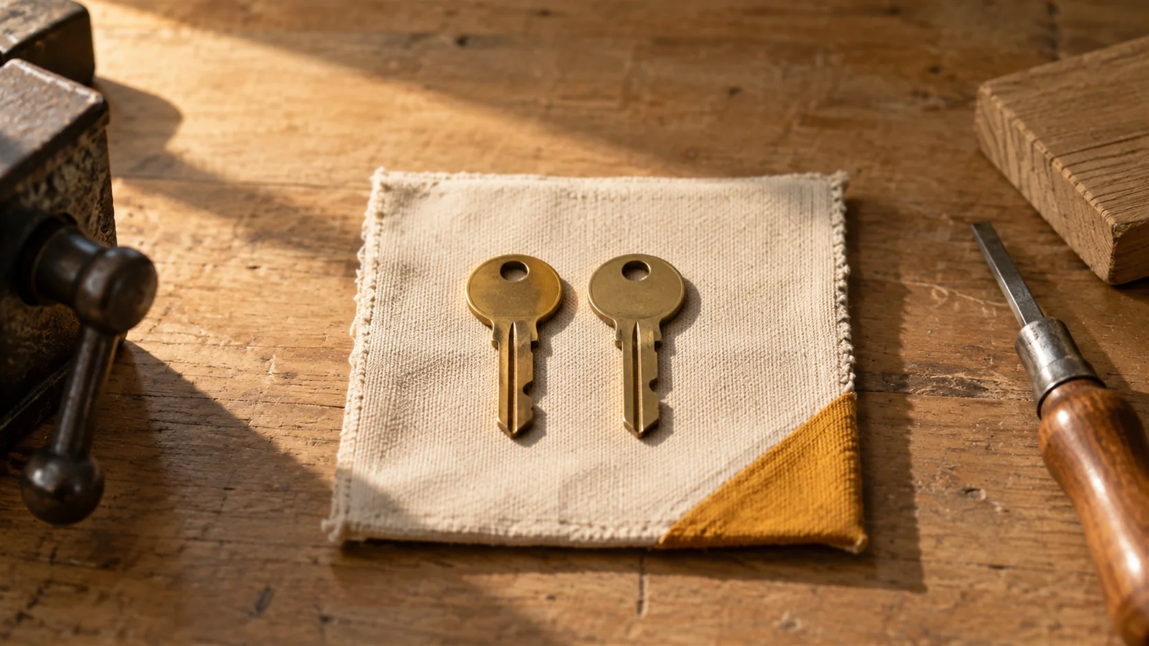 Two nearly identical brass keys lying side by side on a workbench, one cut with a single notch in a different place.