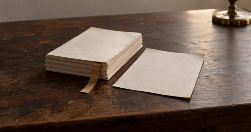 One chapter lifted from a stack of printed pages, a ribbon marking its place