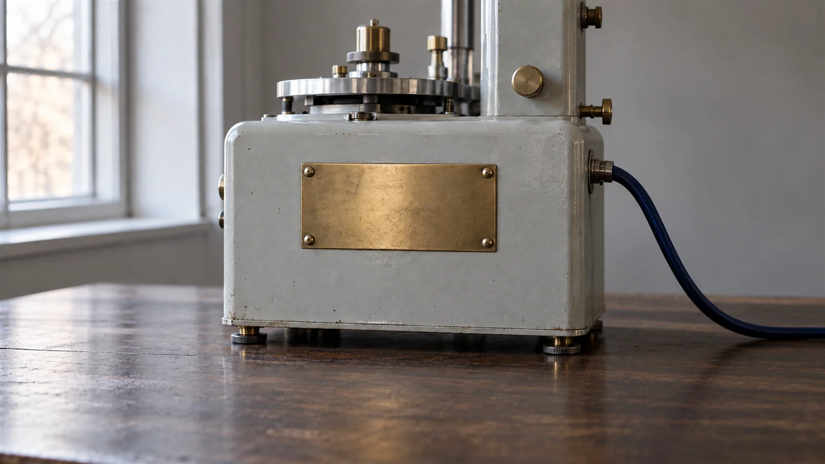 A brass identification plate riveted to a machine housing, its stamped surface worn smooth and blank, lit by a torch beam from one side.