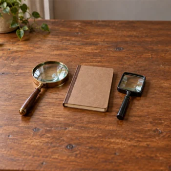 Two plain handheld magnifying glasses rest beside a small closed notebook on a desk.