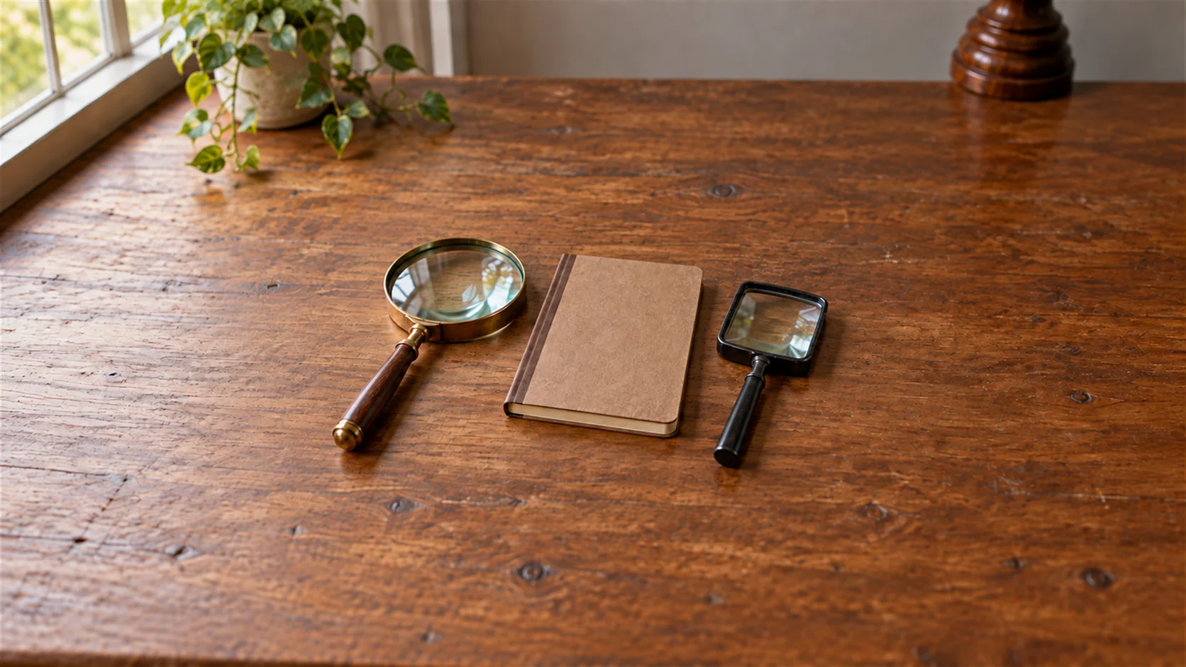 Two plain handheld magnifying glasses rest beside a small closed notebook on a desk.