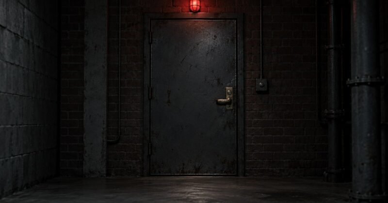 A closed steel service door under a single caged red bulb in a dark corridor