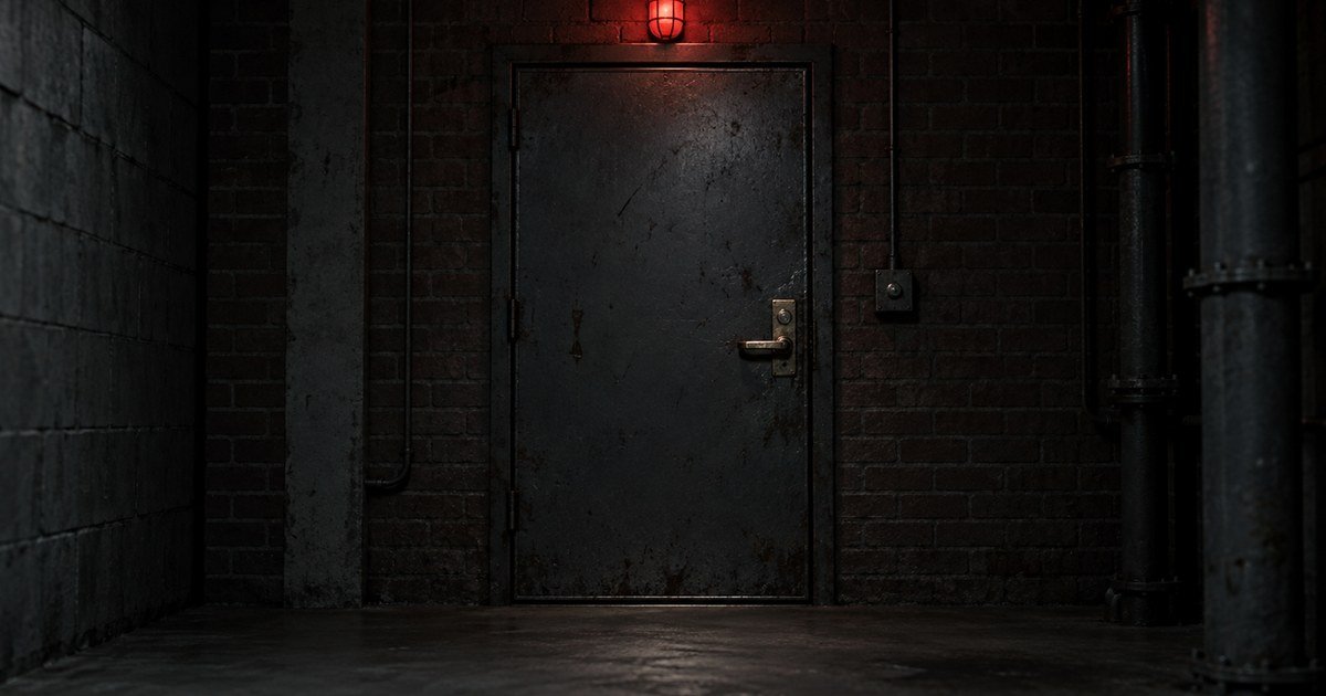 A closed steel service door under a single caged red bulb in a dark corridor